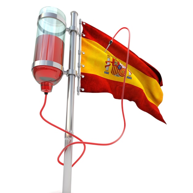 Representación 3D de la bandera española conectada a una unidad de transfusión de sangre