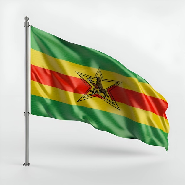 Representación 3D de una bandera de Zimbabue ondeando en un asta de bandera