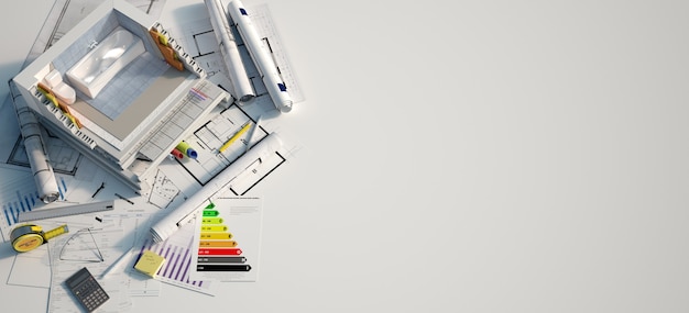 Representación 3D de un baño en construcción sobre planos, formularios de hipotecas y un gráfico de eficiencia energética