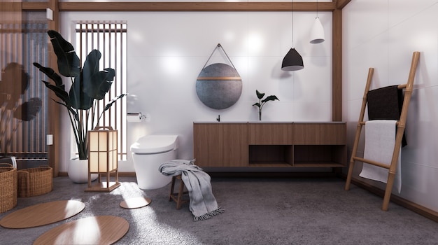 Representación 3D de baño tropical estilo japonés