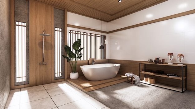 Representación 3D de baño tropical estilo japonés