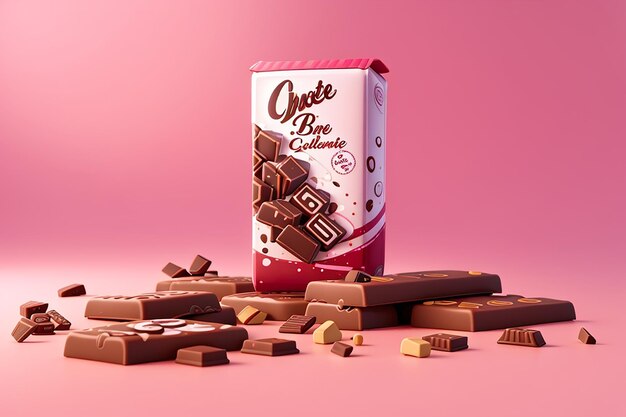 Representación 3D de barra de chocolate sobre fondo rosa para diseño comercial Ilustración de representación 3D estilo de dibujos animados