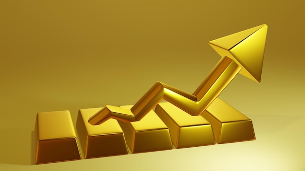 Representación 3D de barra de oro con gráfico de tendencia ascendente Concepto de negocios y finanzas