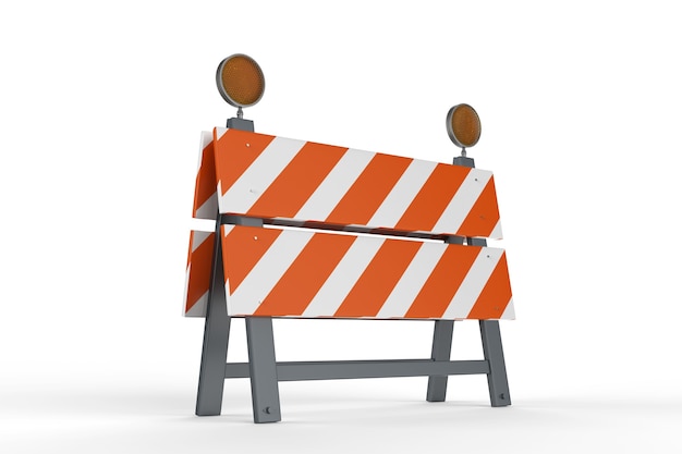 Representación 3D barrera de construcción o bloque de carreteras sobre fondo blanco.
