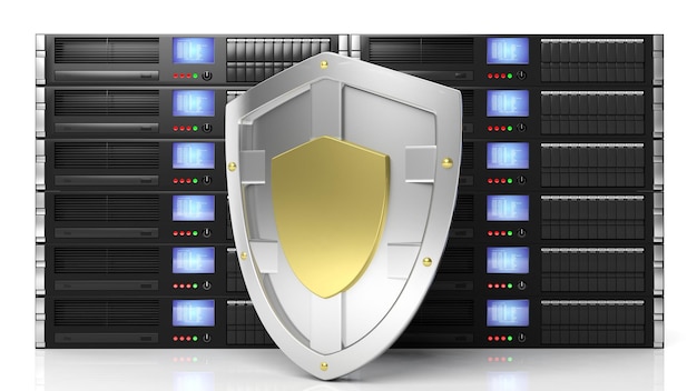 Representación 3D de bastidores de almacenamiento de servidor con texto de copia de seguridad de datos aislado sobre fondo blanco