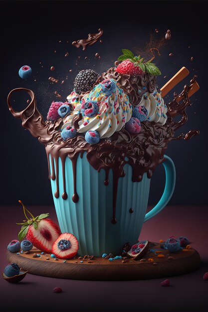 Foto una representación 3d de un batido de chocolate con salsa de chocolate y bayas.