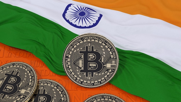 Representación 3D de un Bitcoin metálico en una bandera india