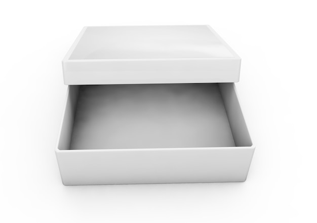 Representación 3d en blanco caja rectangular abierta en blanco con tapa separada de caja, fondo gris aislado