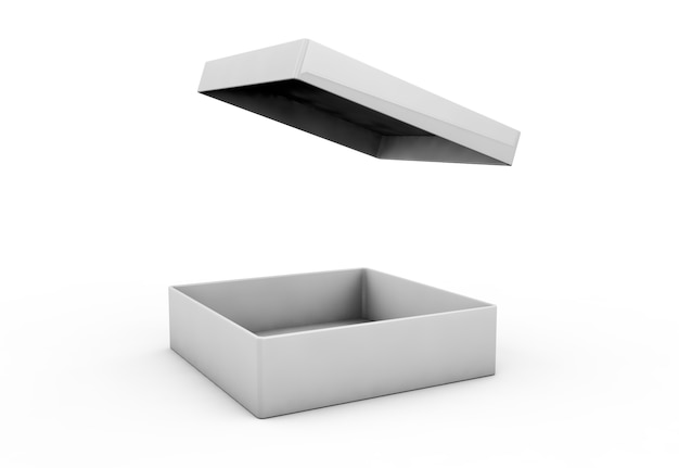 Representación 3d en blanco caja rectangular abierta en blanco con tapa separada de caja, fondo gris aislado