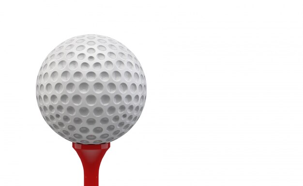 Foto representación 3d blanco pelota de golf en camiseta roja con trazado de recorte aislado en blanco.