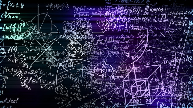 Representación 3D de bloques abstractos de fórmulas matemáticas ubicadas en el espacio virtual