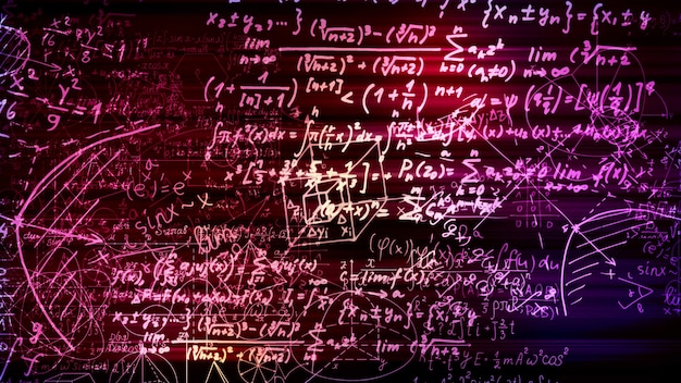 Representación 3D de bloques abstractos de fórmulas matemáticas ubicadas en el espacio virtual