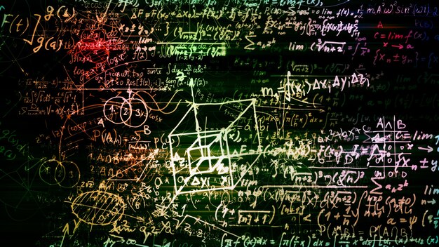 Representación 3D de bloques abstractos de fórmulas matemáticas ubicadas en el espacio virtual