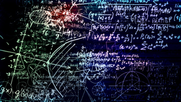 Representación 3D de bloques abstractos de fórmulas matemáticas ubicadas en el espacio virtual