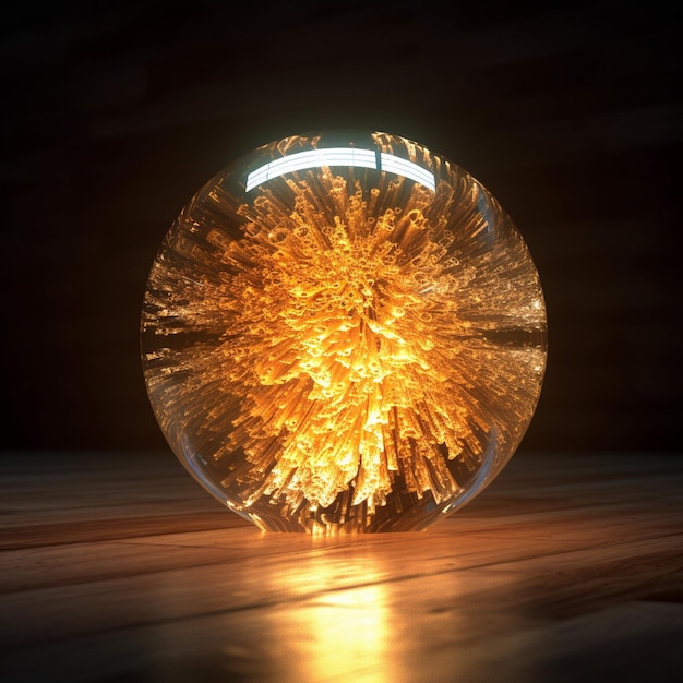 Representación 3D de bola de cristal con fuego en el interior sobre fondo de piso de madera