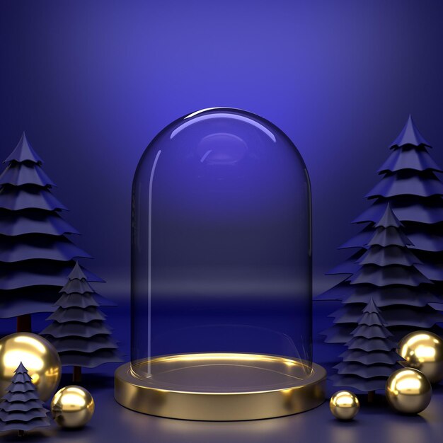 Representación 3D bola de navidad y árbol de navidad sobre fondo azul