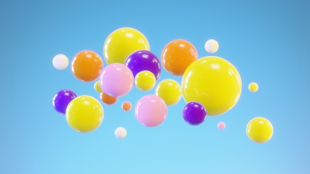 Representación 3D de bolas de colores voladores