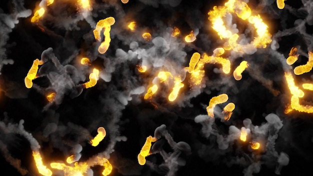 Representación 3D de bolas de fuego multicolores que vuelan a lo largo de una trayectoria compleja