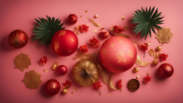 Representación 3D de bolas de Navidad rojas con hojas tropicales sobre fondo rosa