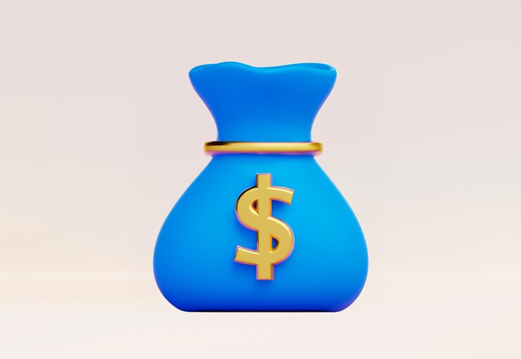 Representación 3D de una bolsa de dinero azul con un icono de dólar Concepto de finanzas y negocios en efectivo