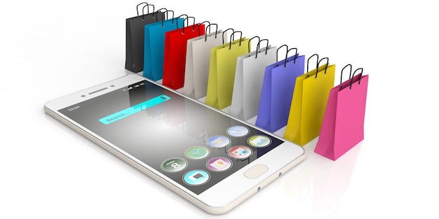 Representación 3D de bolsas de compras y un teléfono inteligente.