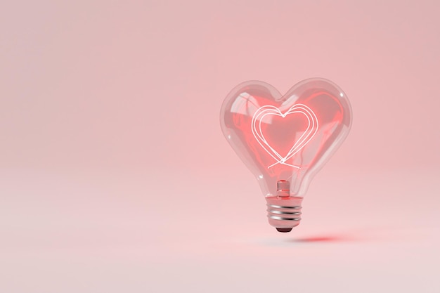 Representación 3D de bombilla en forma de corazón con luz rosa neón