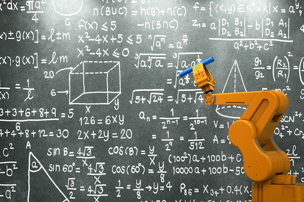 Representación 3D del brazo del robot aprendiendo o resolviendo la fórmula matemática