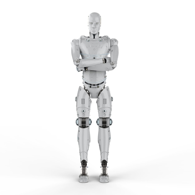 Representación 3D brazo robot humanoide cruzado sobre fondo blanco.