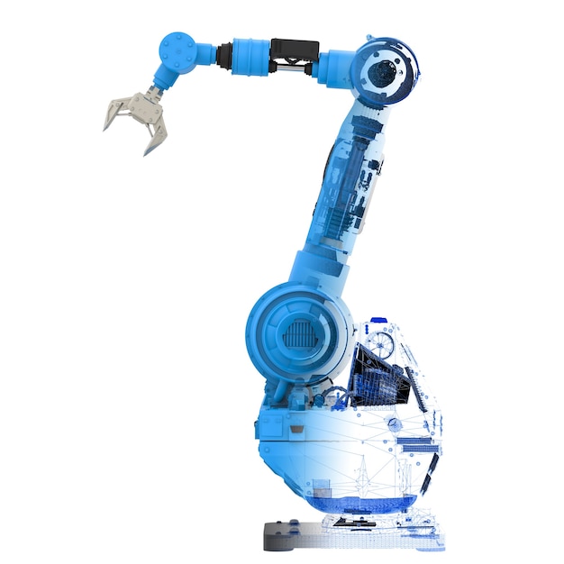 Representación 3D brazo robótico de estructura metálica azul sobre fondo blanco.