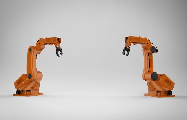 Representación 3D de brazos robóticos de color naranja con espacio vacío sobre fondo blanco.