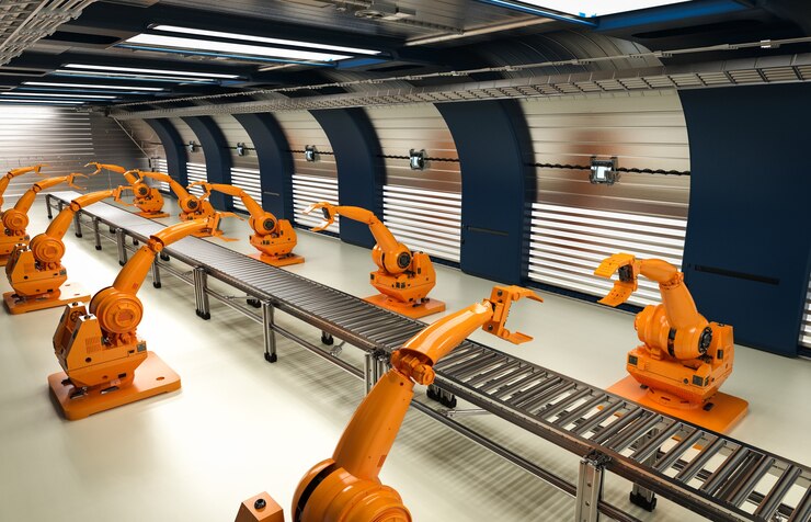 Foto representación 3d de brazos robóticos con línea transportadora en la fábrica.
