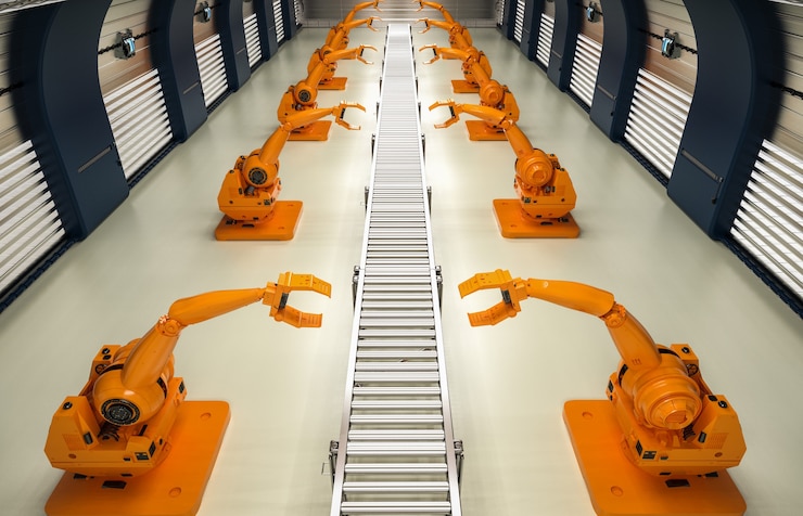 Foto representación 3d de brazos robóticos con línea transportadora en la fábrica.