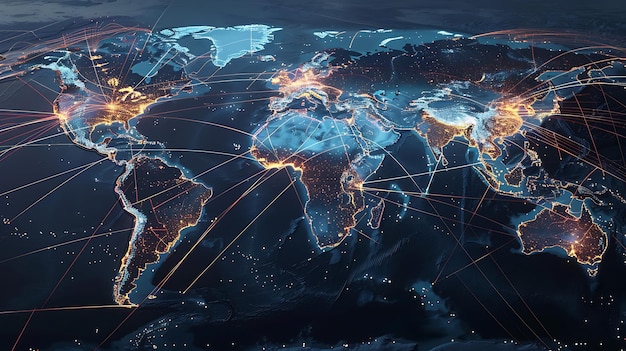 Una representación 3D brillante del planeta Tierra por la noche que muestra las principales ciudades y conexiones internacionales