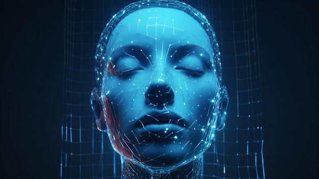 representación en 3D de una cabeza de inteligencia artificial sobre un fondo azul oscuro