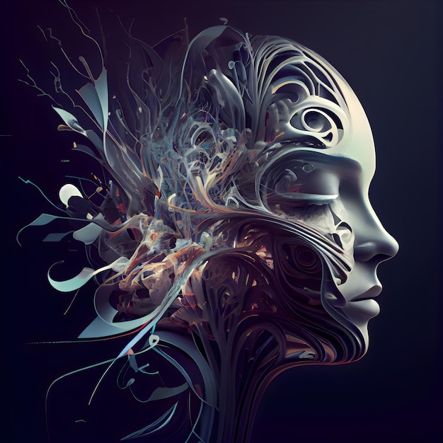 Representación 3D de una cabeza de robot femenino con fondo fractal abstracto