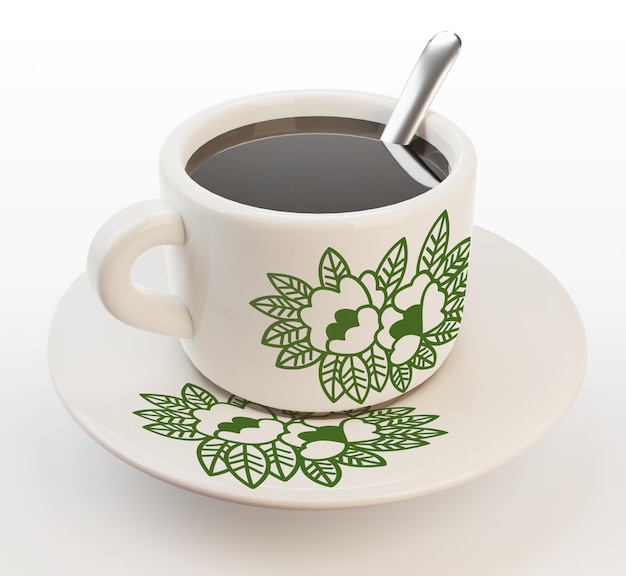 Representación 3D de café negro tradicional chino con juego de tazas de café con motivos florales