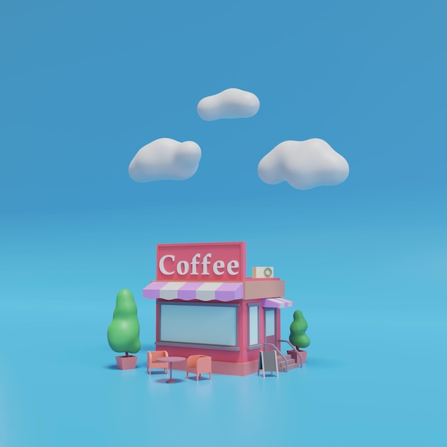 Representación 3D de una cafetería con mesas.