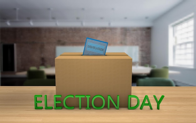 Representación 3D de una caja de cartón como urna para insertar papeletas electorales para los votantes para el día de las elecciones y el texto