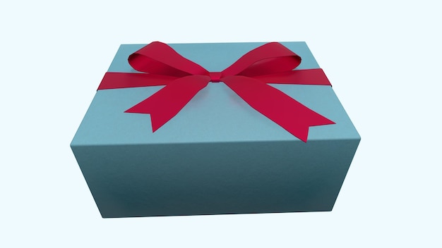 Representación 3D Caja de regalo azul de Navidad y Año Nuevo con cinta roja sobre fondo rosa