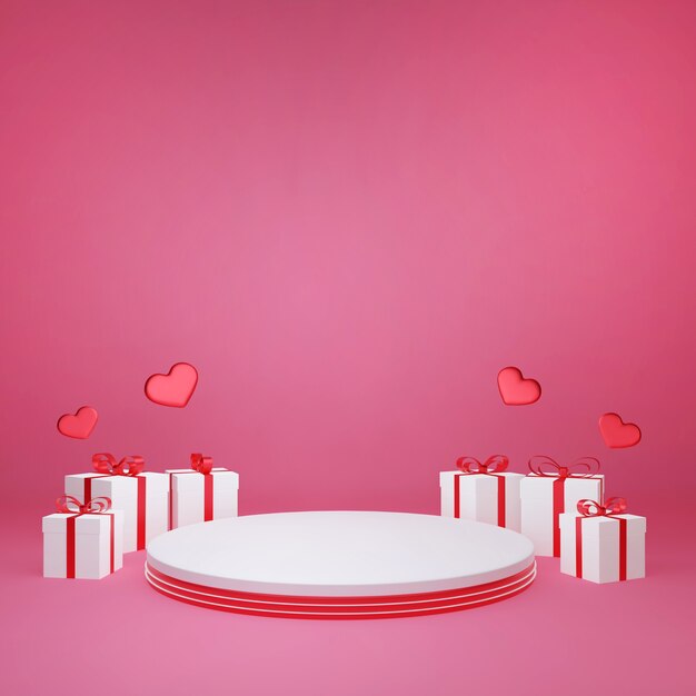 Representación 3D Caja de regalo decorativa alrededor del soporte del producto, el amor y el día de San Valentín celebran,