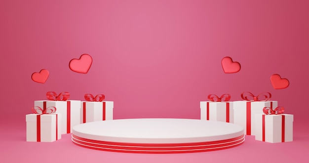 Representación 3D Caja de regalo decorativa alrededor del soporte del producto, el amor y el día de San Valentín celebran,