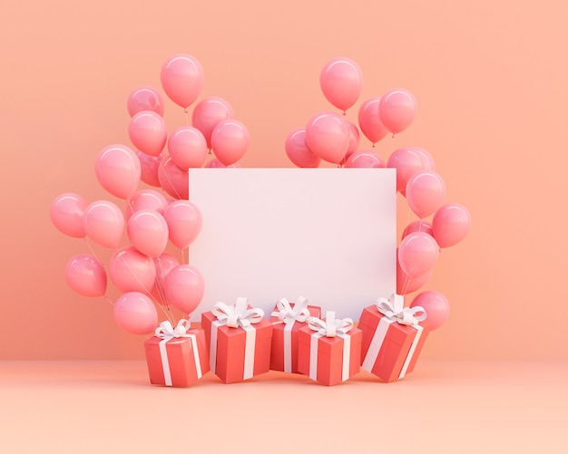 Representación 3D. Caja de regalo y globos sobre fondo rosa pastel con espacio de copia.