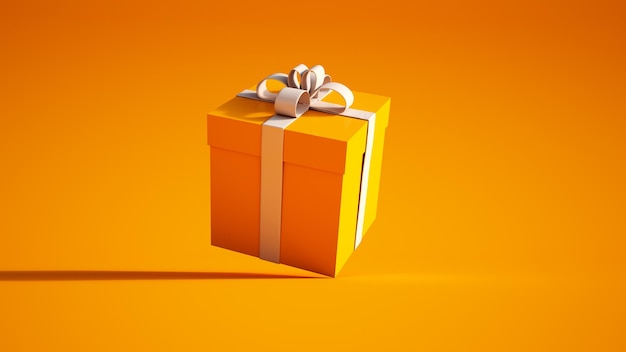 Representación 3D de una caja de regalo naranja con un lazo blanco