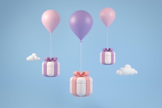 Representación 3d Caja de regalo Pastel mínima moderna flotando con globo Airdrop cayendo en el cielo y fondos de ilustración de nubes Representación 3d