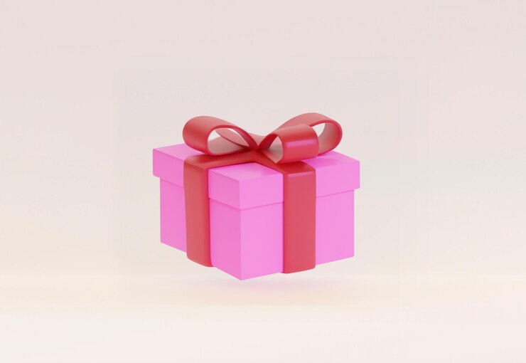 Representación 3D de una caja de regalo rosa con cinta roja