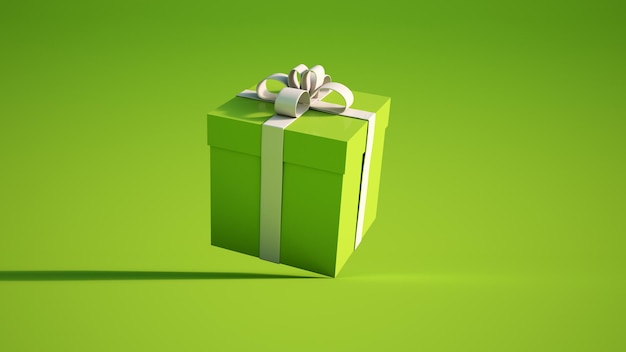 Foto representación 3d de una caja de regalo verde con un lazo blanco