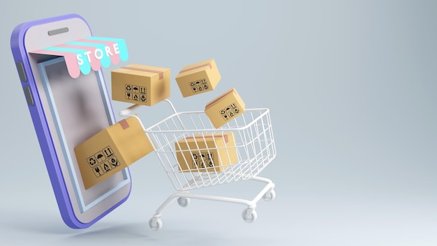 Representación 3D de cajas de cartón en carrito de compras y teléfono inteligente Concepto de negocio digital en línea