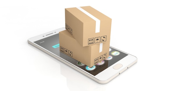 Representación 3d cajas móviles en teléfonos inteligentes y fondo blanco.