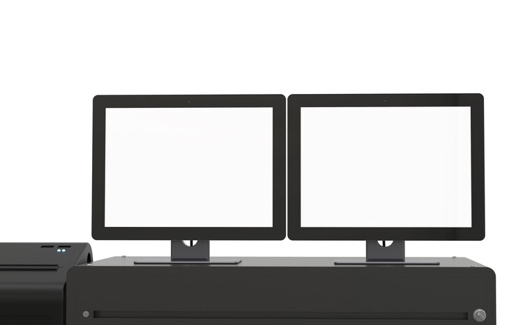Foto representación 3d cajero de pantalla vacía o caja registradora
