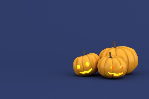 Foto representación 3d de calabazas de halloween sobre fondo azul profundo.